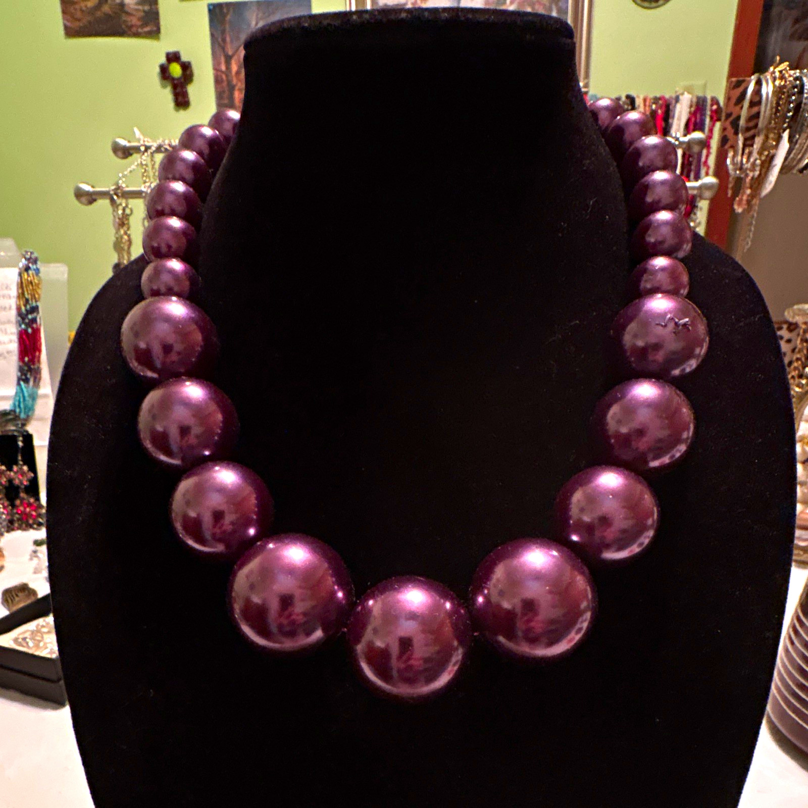 Purple Simulated Imitation Pearl Glass Beaded Statement Necklace Silver-Tone