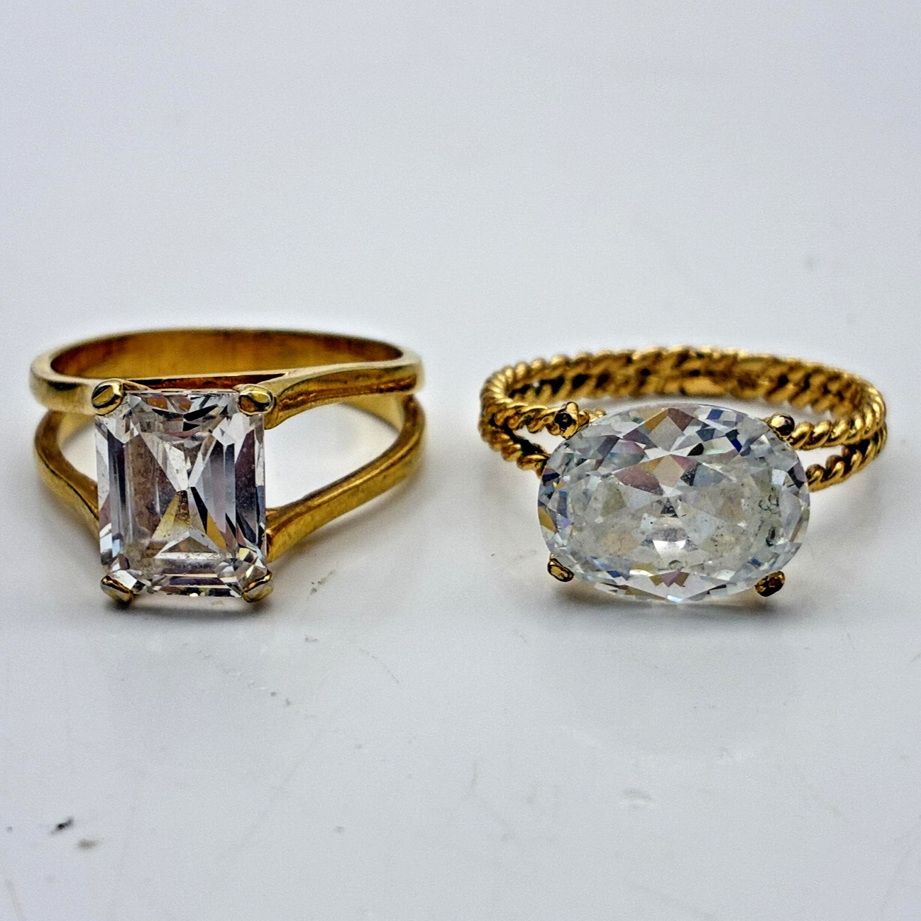 Gold Tone Cocktail Rings Lot of 2 Clear Stone Oval and Split Shank Rectangle