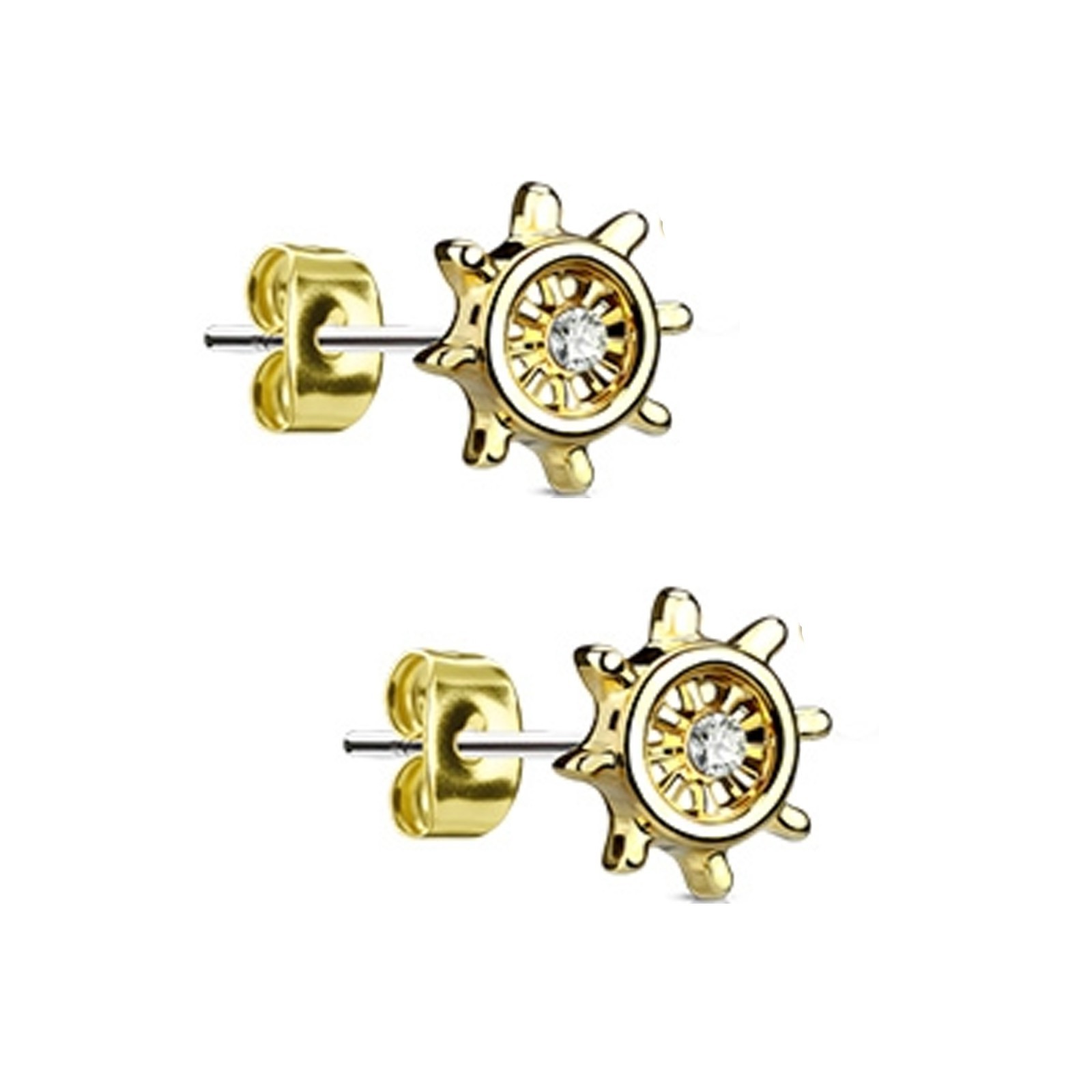 14K Gold Plated 316L Surgical Steel Ship Wheel Stud Earrings 1 CZ Hypoallergenic