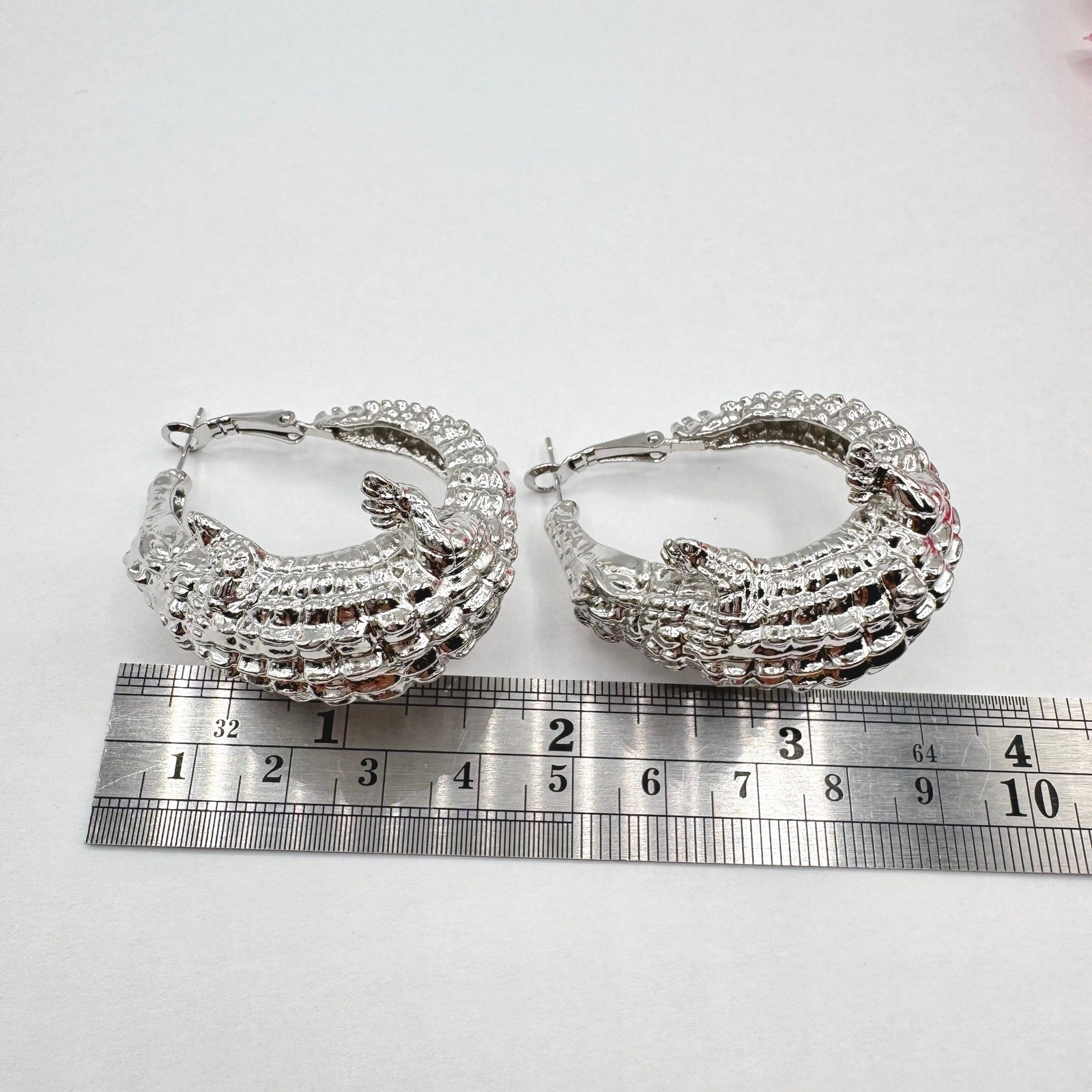 Big Alligator Crocodile Hoop Earrings Silver Tone Weird Wacky Reptile