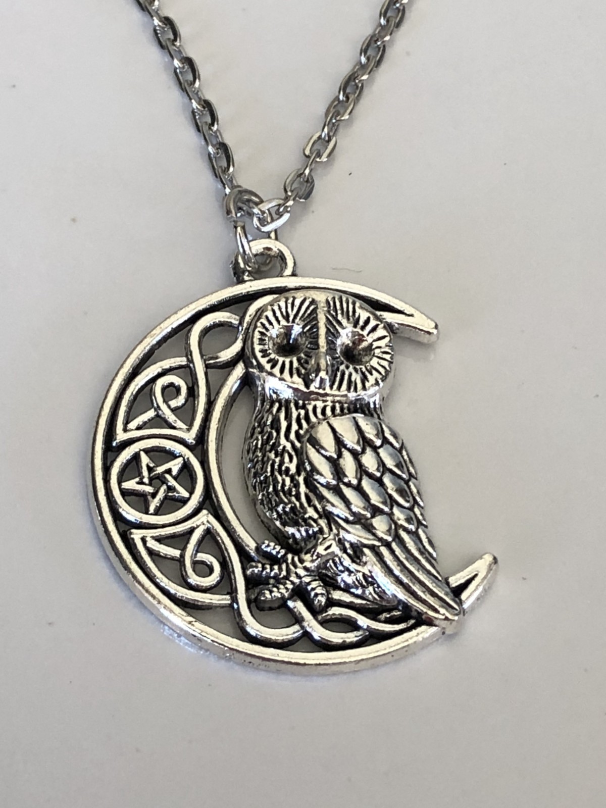 Pentagram Crescent Moon Owl 3.5cm Charm Pendant Link Necklace Chain 45cm