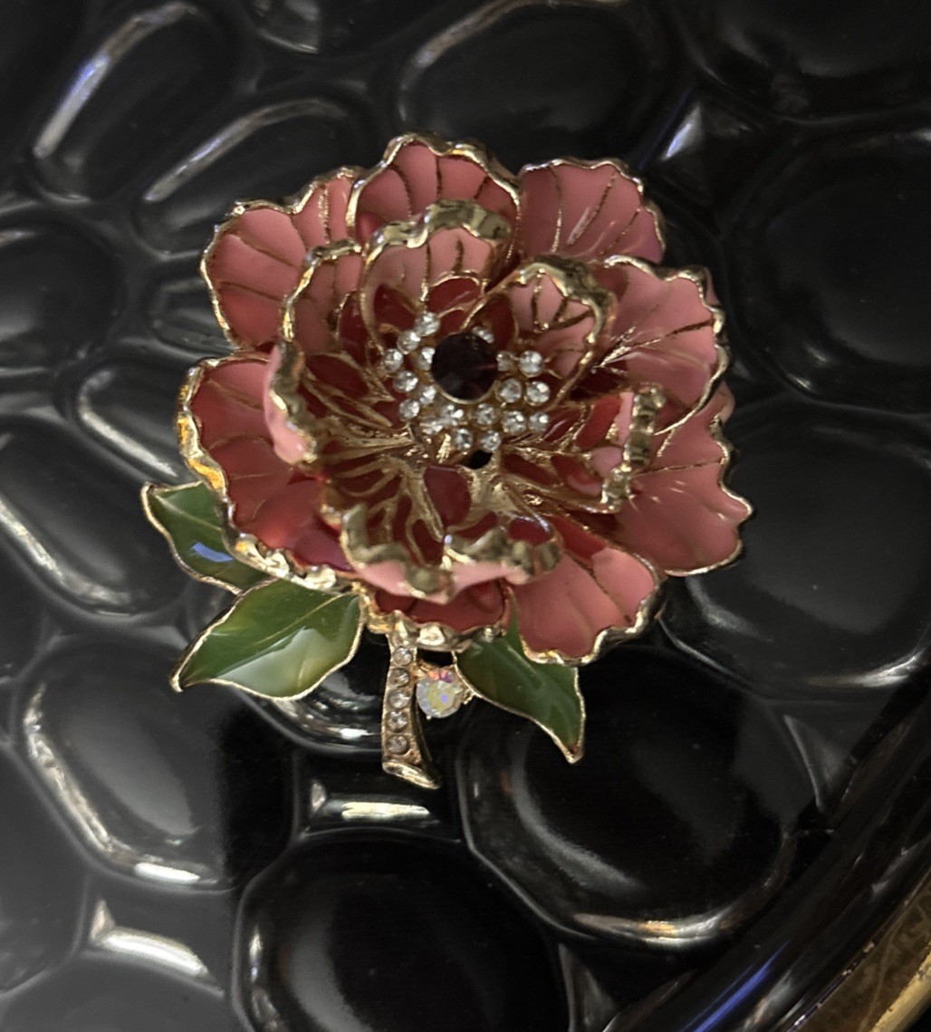 Gold Pink Peony Crystal Flower Brooch Enamel Rhinestone Pin Summer Jewelry Gift