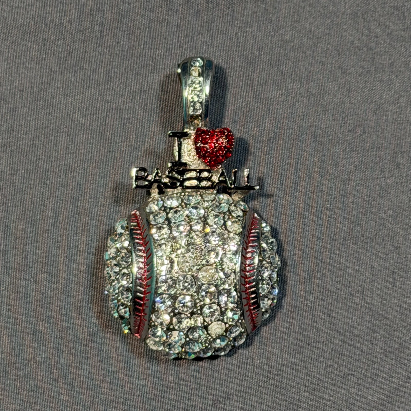 I Love Baseball Rhinestone Pendant Red Heart Crystal Silver Tone Sports Charm