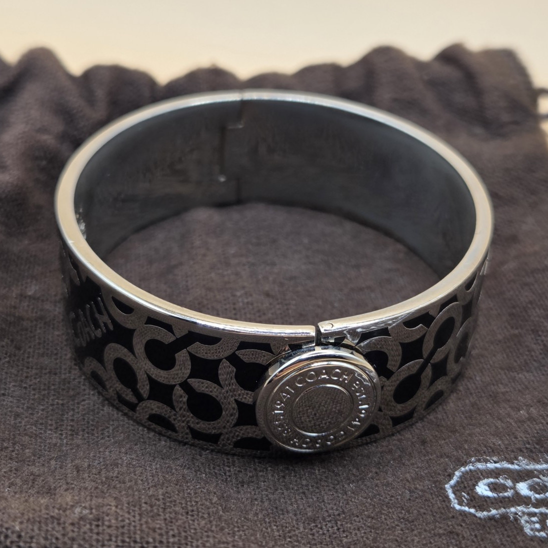 Coach Silver Tone Black Enamel Signature C Logo Cuff Bangle Bracelet Signed