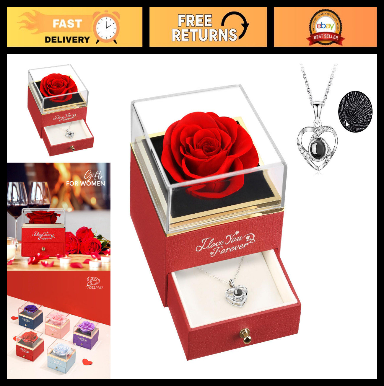 Eternal Preserved Real Rose Necklace – I Love You Forever Gift for Her, Mom, Wif