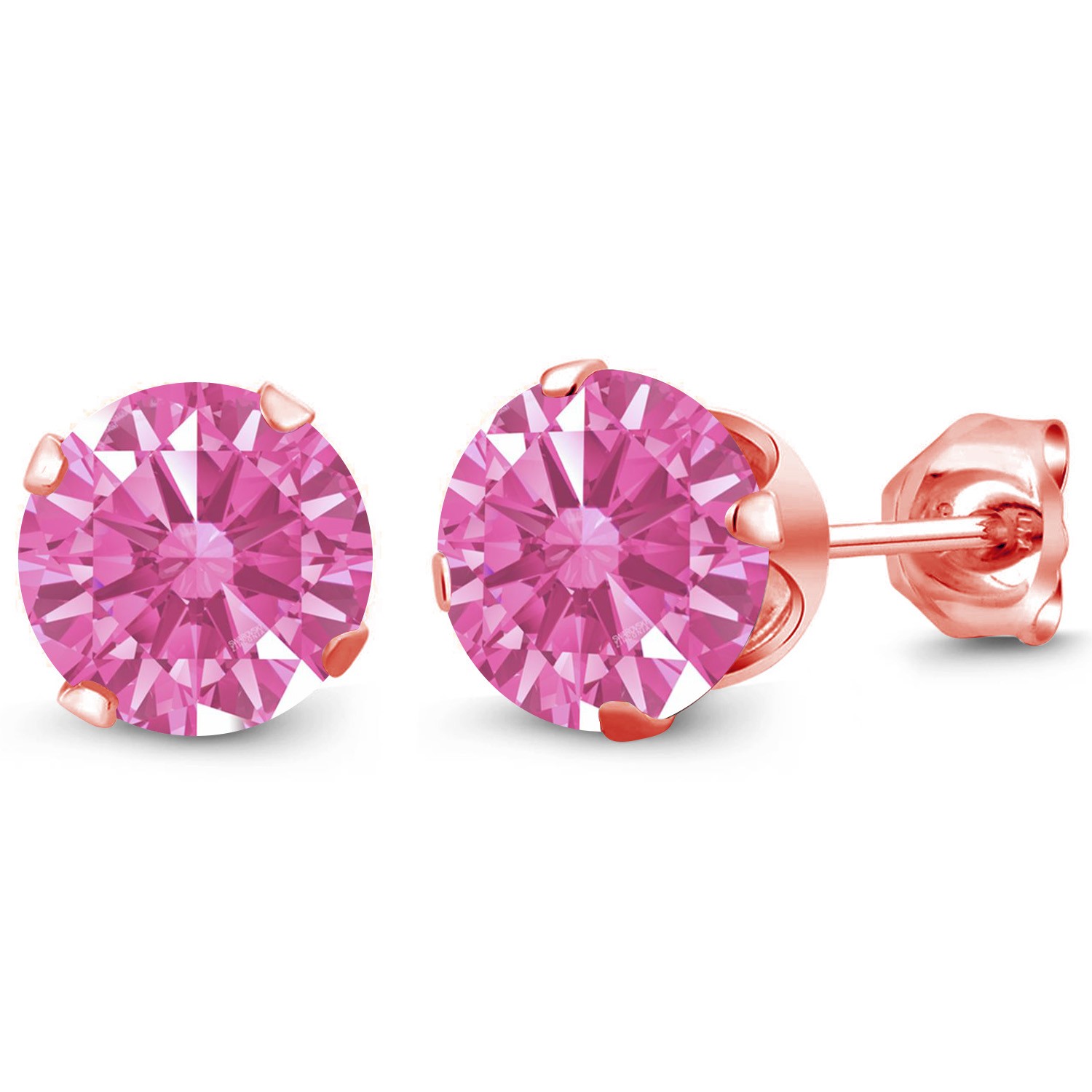 18K Rose Gold Plated Silver Stud Earrings Set with Round Pink Zirconia