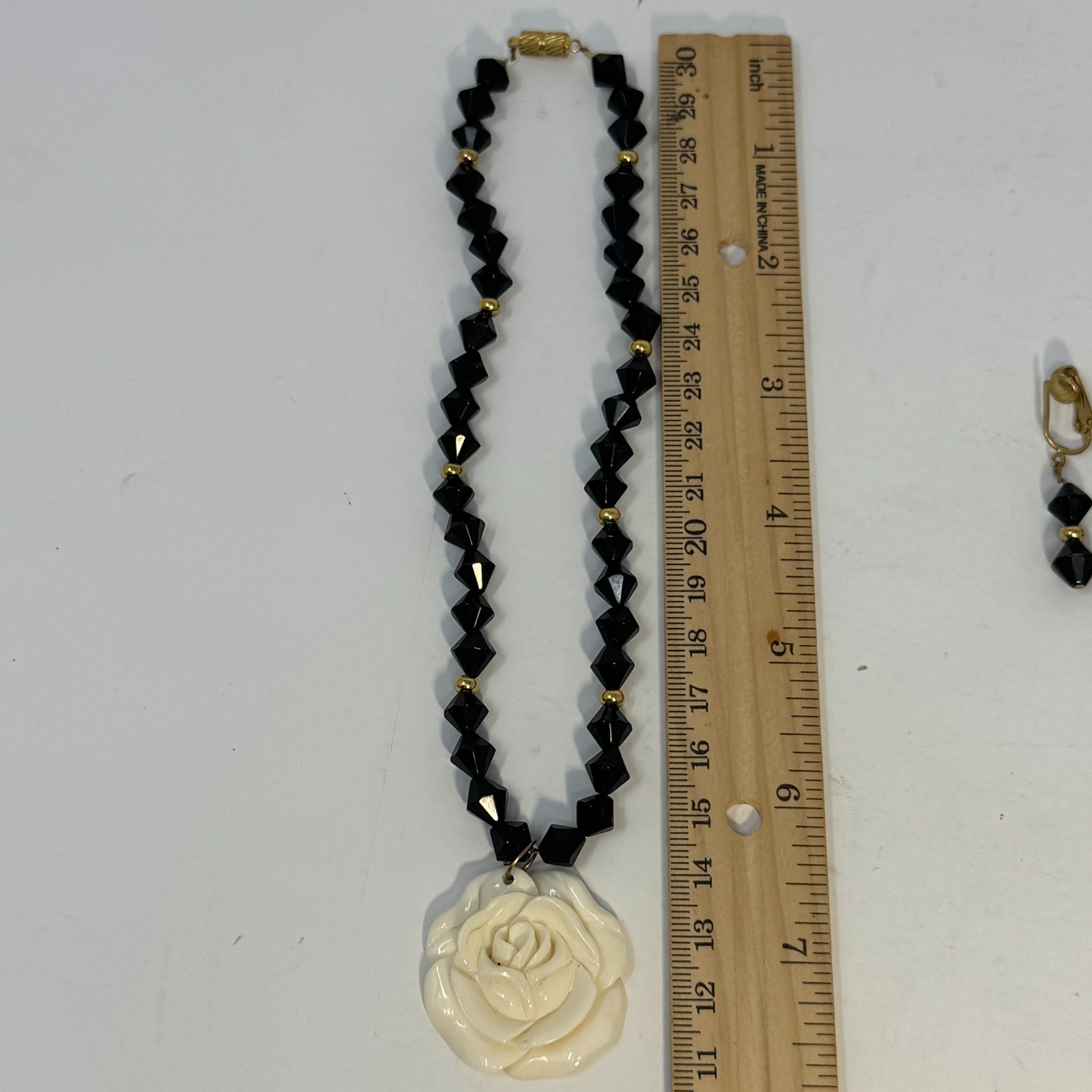 Vintage 60s Black Bicone Bead Necklace Ivory White Carved Resin Rose Pendant Set