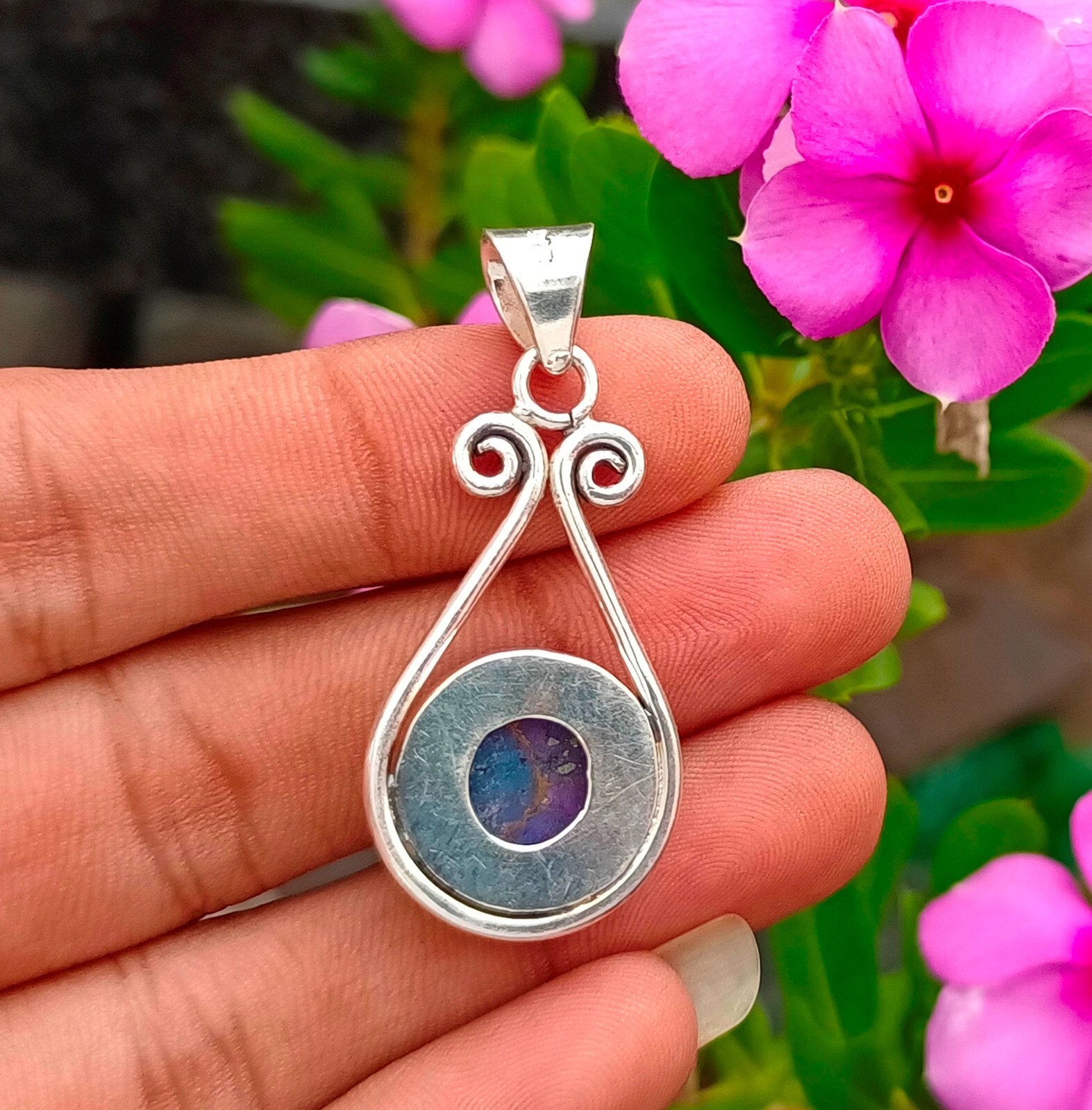 Purple Copper Turquoise Pendant 925 Sterling Silver Gift Handmade Jewelry PG12