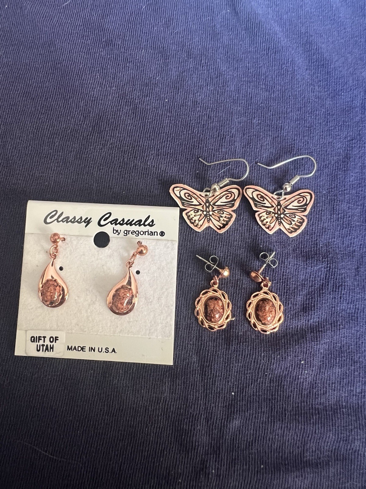 Three Pairs Of Copper Earrings, Copper And Epoxy, Copper Butterfly 328