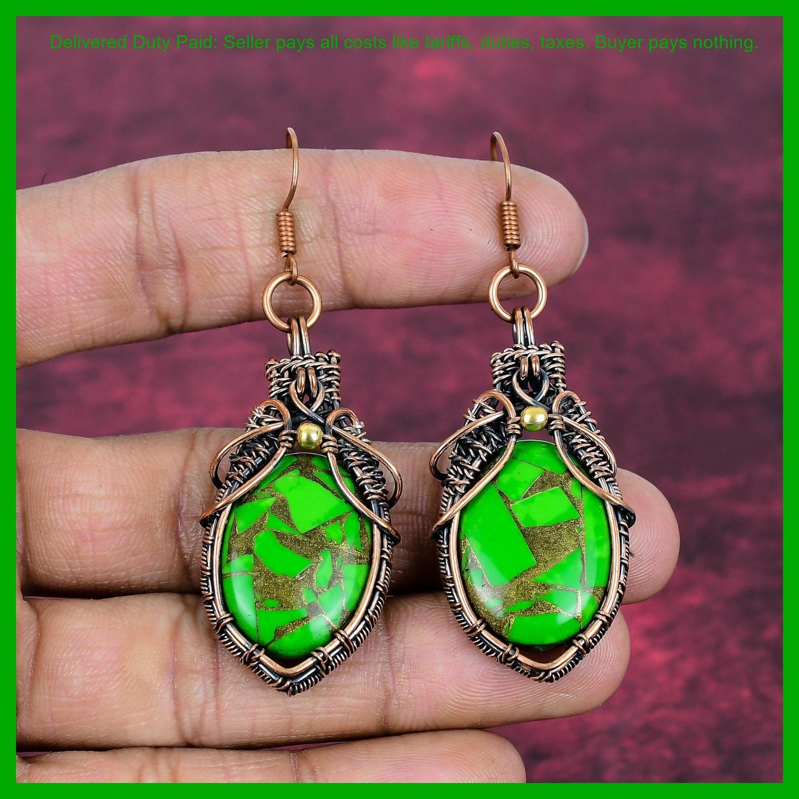Copper Green Turquoise Gemstone Dangle Drop Wedding Wire Wrapped Earrings Copper