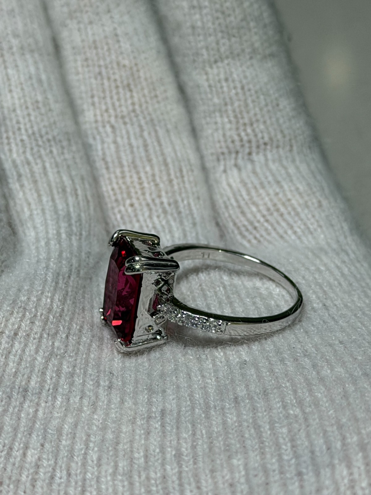 Emerald Shape Red Gemstone Ring With Side Stones Size 11