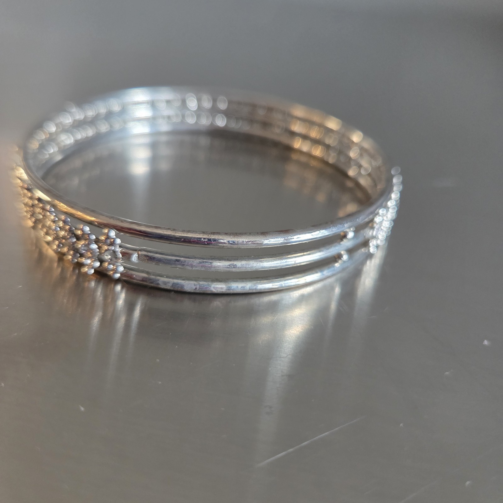 Silver Tone Round With Metal Pavé Setting Bangle Bracelet