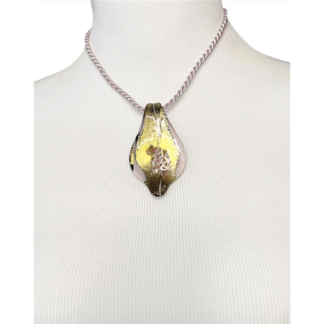 Women’s Hand Blown Glass Pendant Necklace Gold Black Purple Swirl Leaf 16”