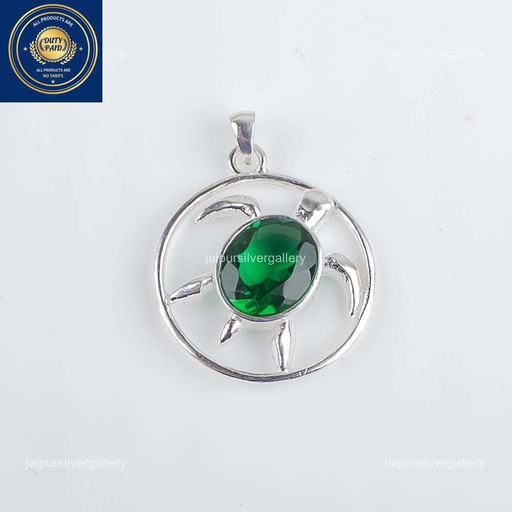 925 Silver Faceted Green Emerald Stone May Charm New Year Bezel Boho Pendant
