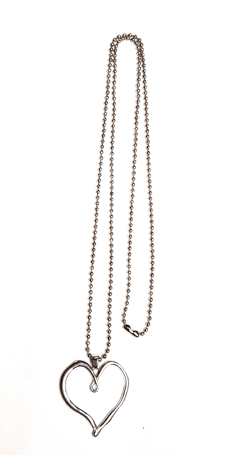 Wavy Abstract Open Heart Pendant Necklace Silver Tone 28″ Ball Bead Love Retro