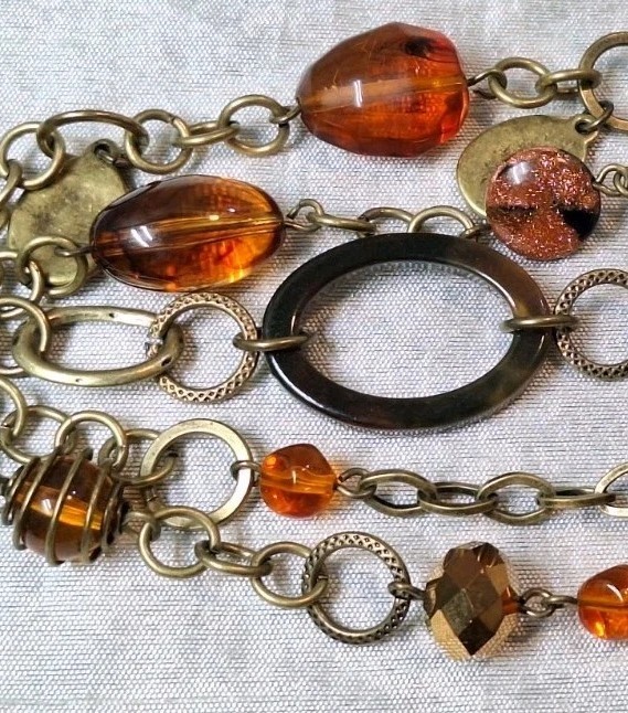 Premier Designs Hammered Bronzetone Faux Amber Bead Wide 5-Chain Toggle Bracelet