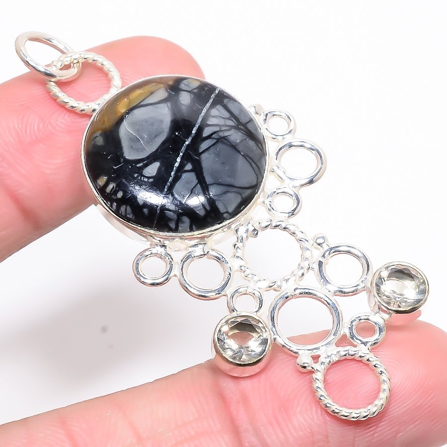 Picasso Jasper & White Topaz 925 Silver Plated Pendant 2.56″ T51