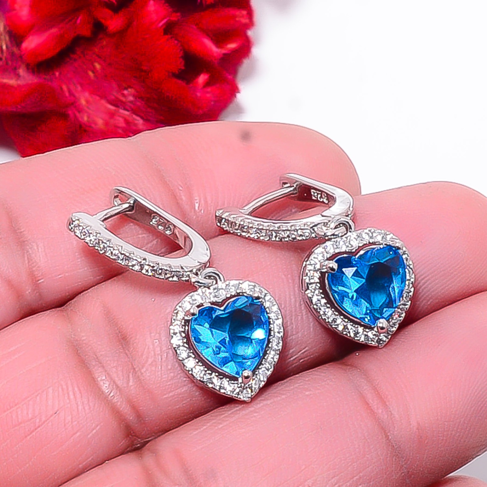 Blue Topaz & Cz 925 Sterling Silver Heart Earring 1.10″ E15708