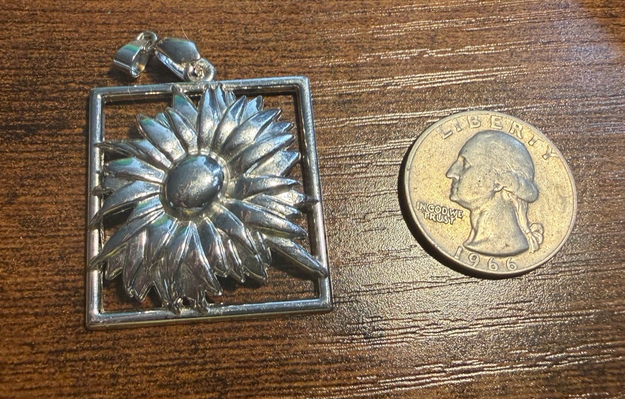 Silver-Tone Metal Square Frame Flower Charm Pendant, No Stone