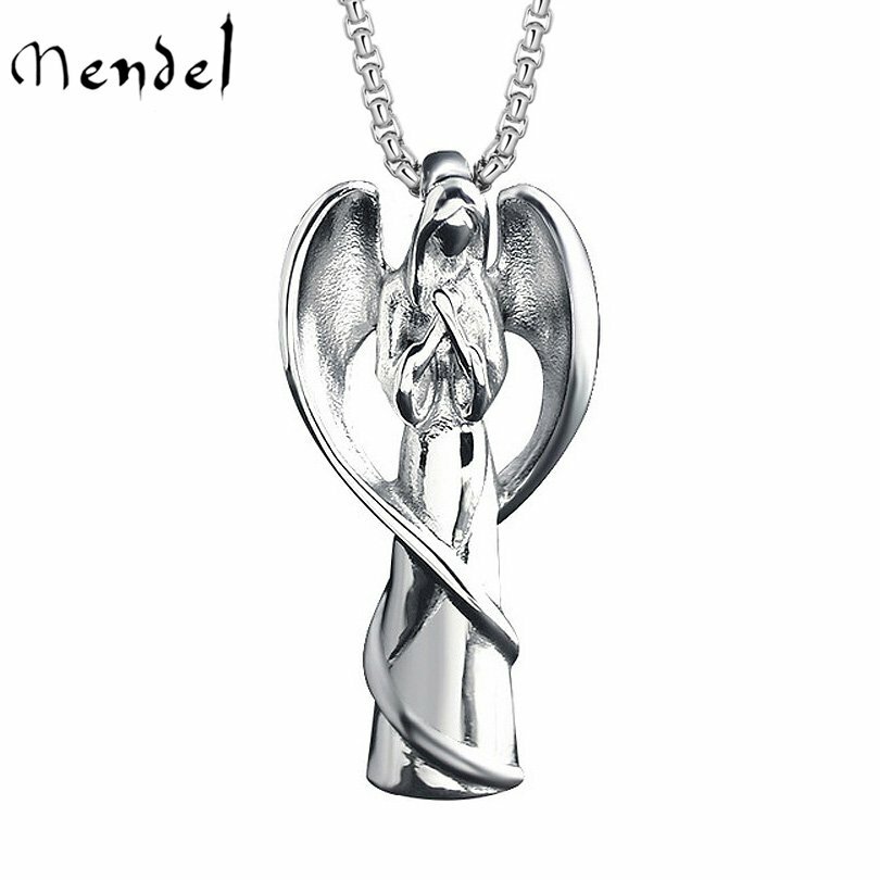 MENDEL Womens Stainless Steel Praying Guardian Angel Wing Pendant Necklace Chain