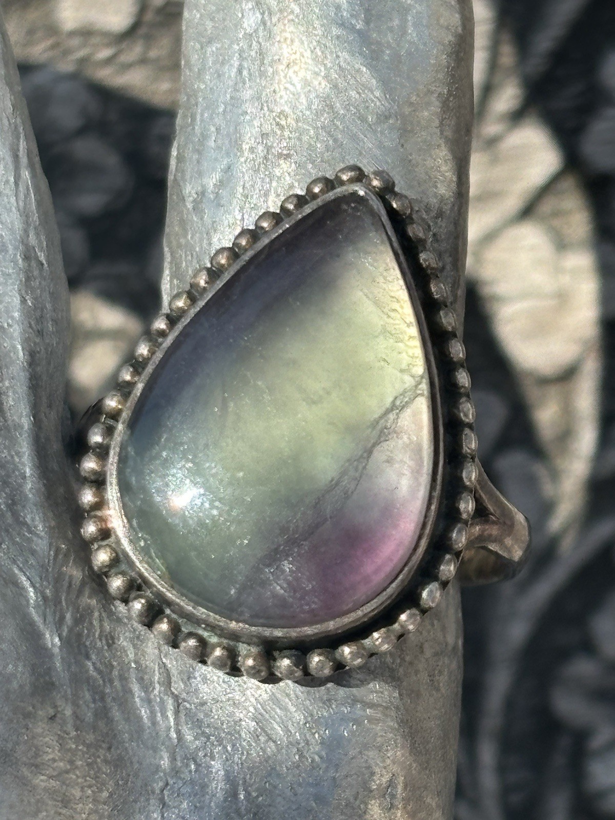 Handmade sterling silver bezel set fluorite gemstone ring size 10