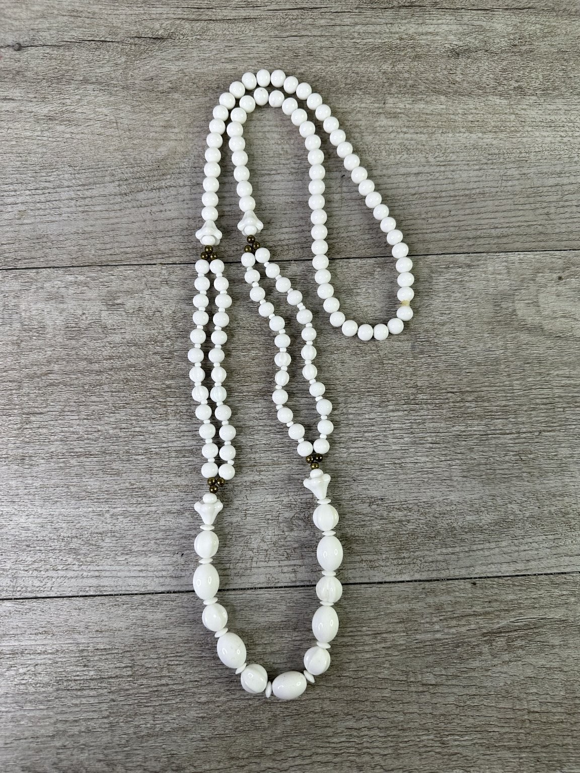 Vintage White Milk Glass Beaded Multi-Strand Necklace 34″ Graduated Beads
