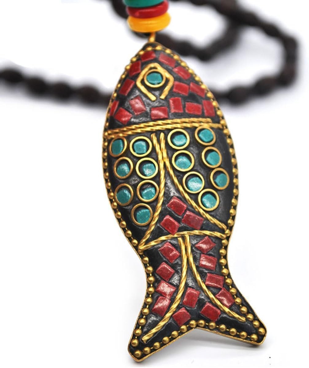 Collar largo vintage hecho a mano con cuentas de madera turquesa para mujer