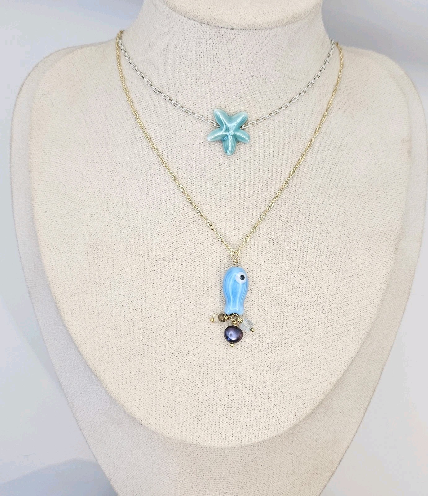 Beachy Fish Starfish Necklaces Handmade Genuine Gemstones Ceramic Jewelry Set