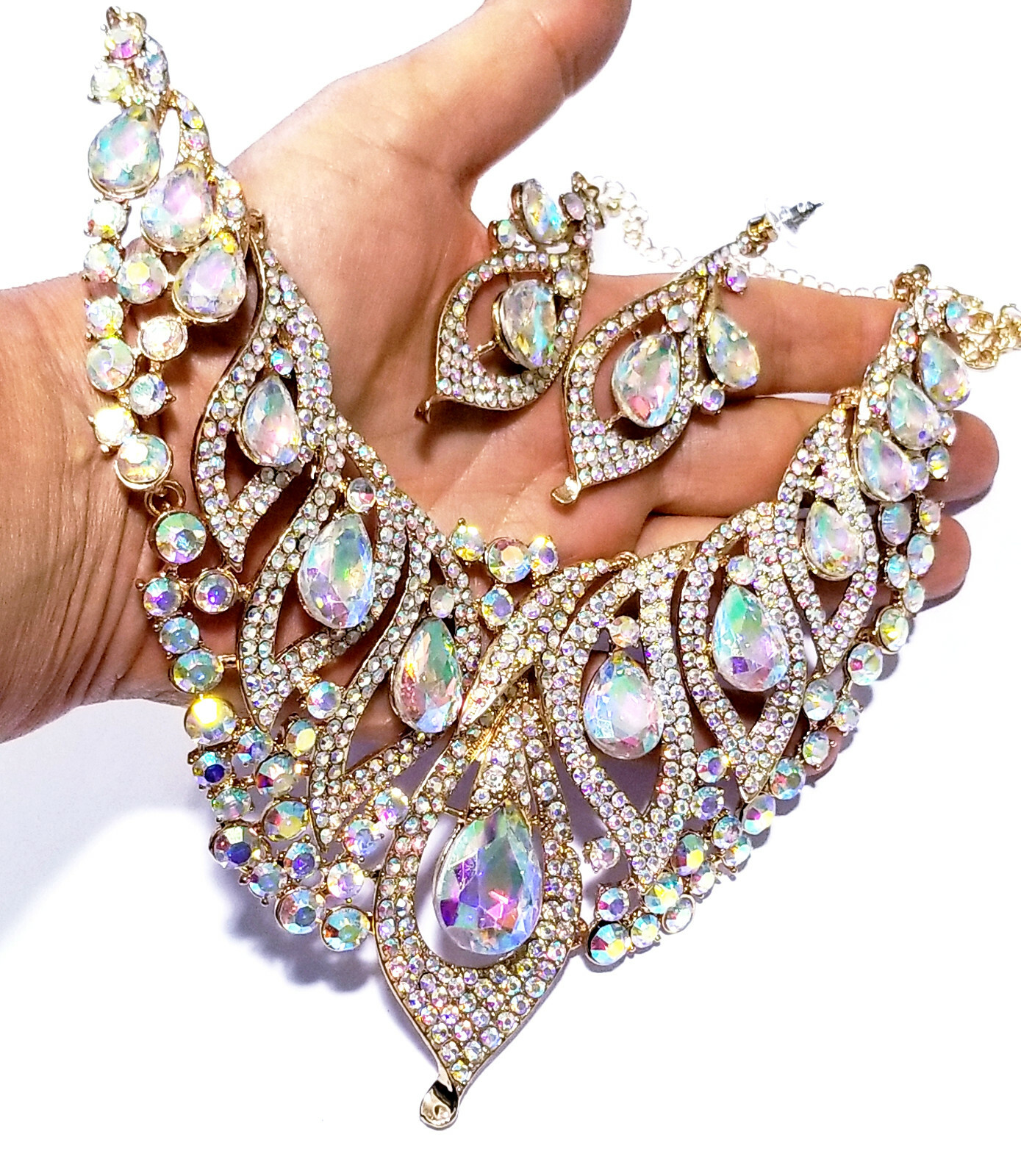 AB Statement Necklace Earring Crystal Rhinestone Bridal Pageant Prom Jewelry