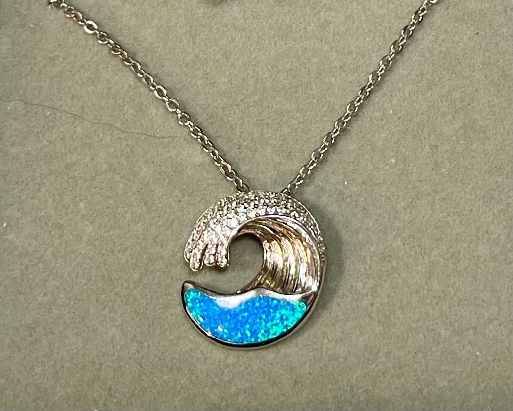 Sterling Silver Blue Opal Ocean Wave Pendant Necklace