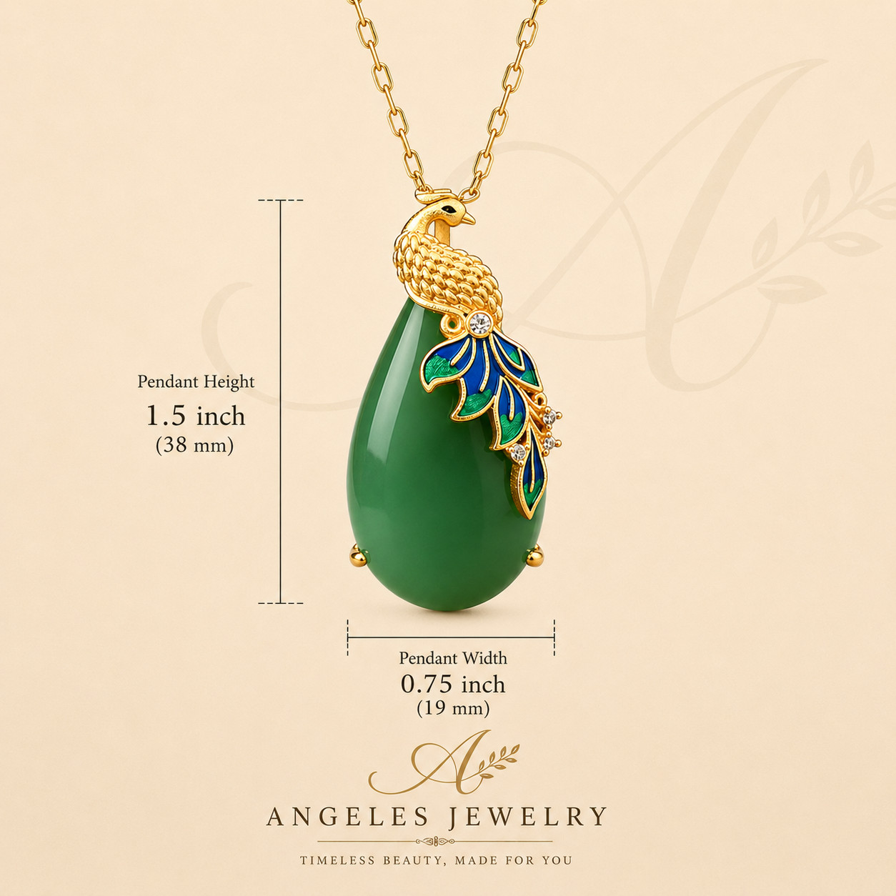 Jade Pendant Necklace Charm 18K Gold Plated Chain Phoenix Bird Dainty Gemstone