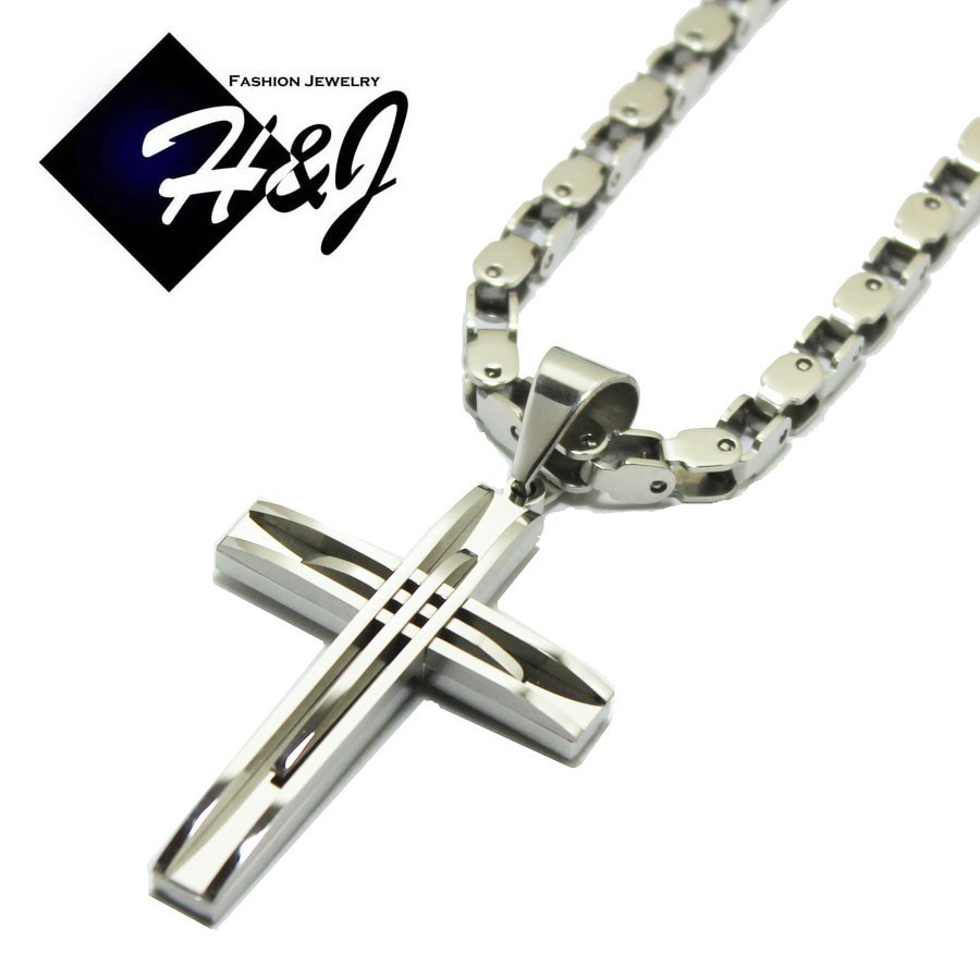 18-40″MEN’s Stainless Steel 5mm Silver Box Bike Chain Necklace Cross Pendant*A