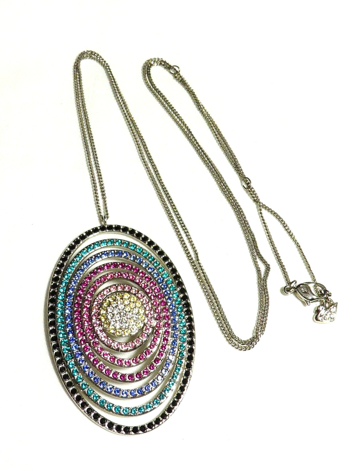 Swarovski Palladium Plated Large Oval Rainbow Crystal Studded Pendant NECKLACE