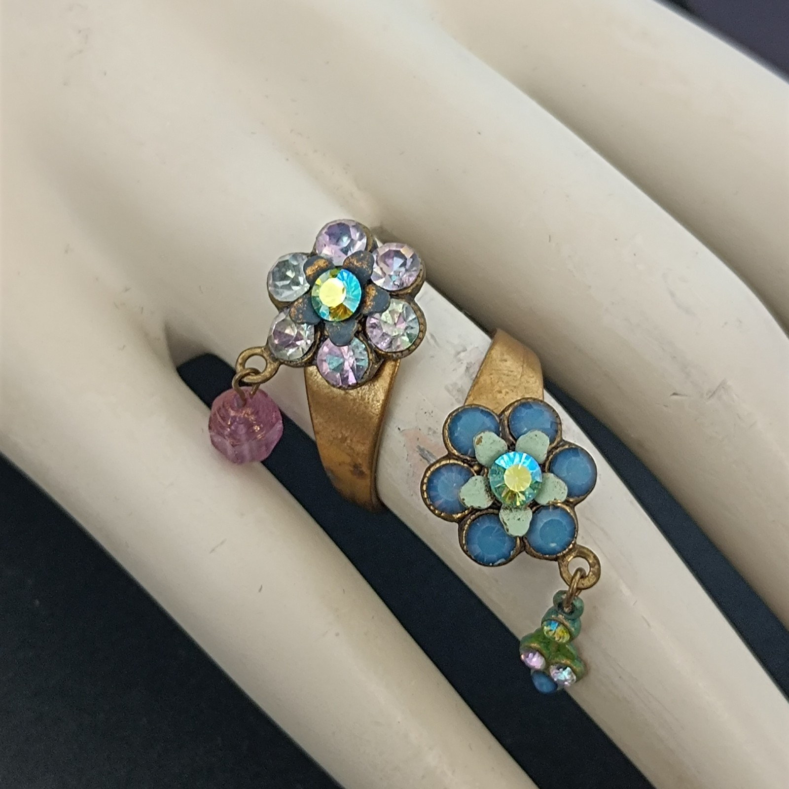 Michal Negrin Split Shank Floral Ring Romantic Boho Crystal Charm Statement VTG