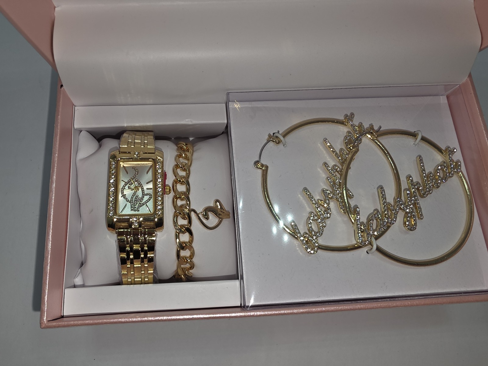 Baby Phat Gold Tone Rhinestone Jewelry Set Bracelet Hoop Earrings Watch