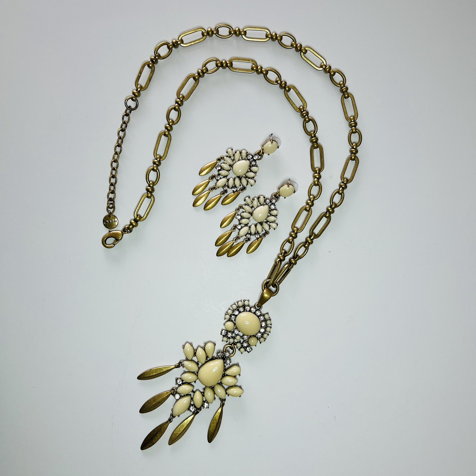 Stella & Dot Mallorca Gold & Cream Chandelier Earrings & Long Pendant Necklace