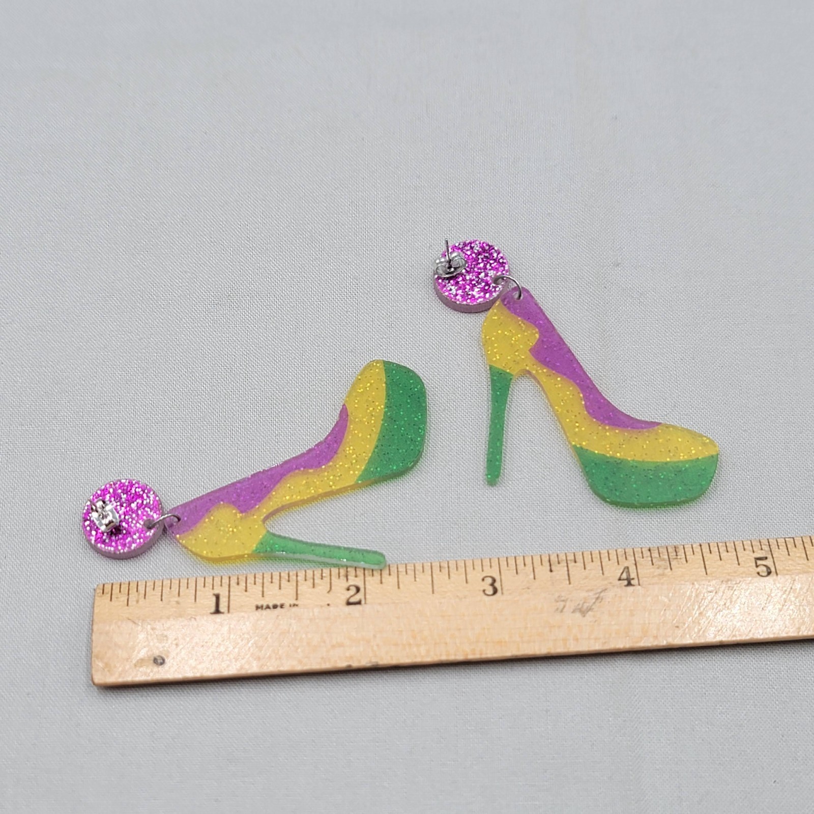 Glitter Multicolor High Heel Shoes Pierced Earrings Large Statement Dangle 2.5″