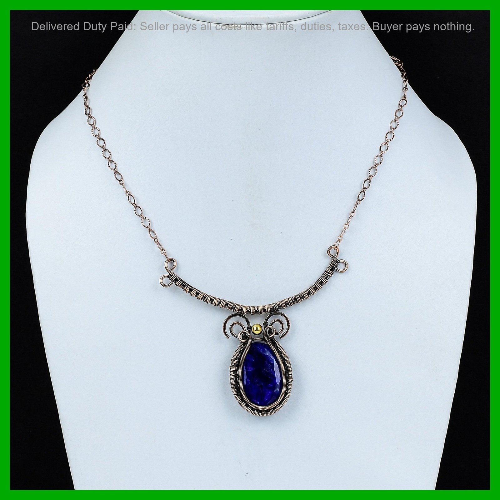 Copper Oval Blue Saphire Gemstone Unique Wire Wrapped Birthday Necklace Jewelry