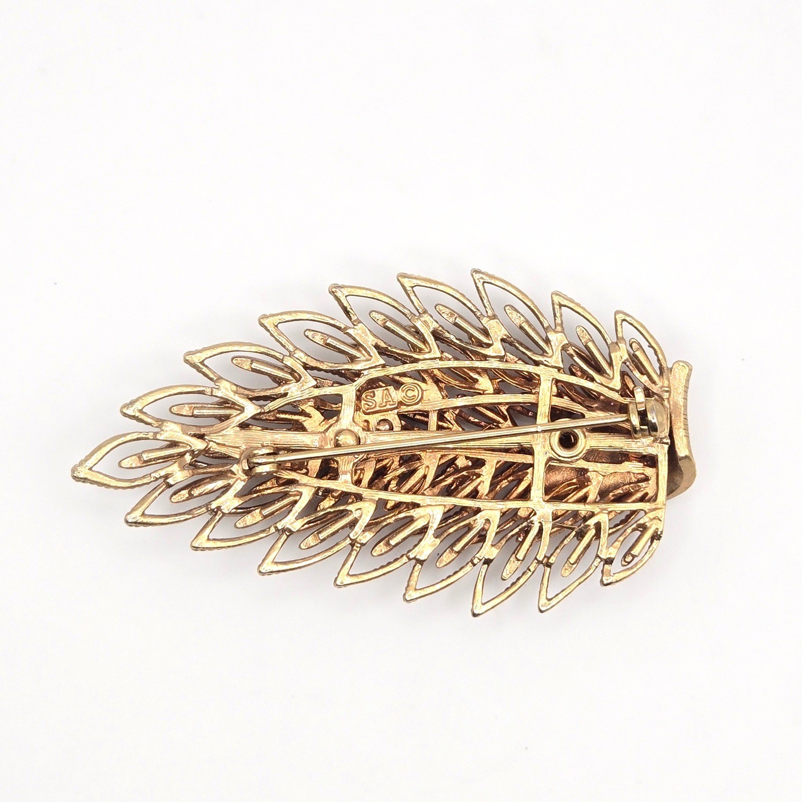 Vintage SA Samsan 10k Gold Plated Peacock Feather Leaf Brooch Pin Art Deco Style