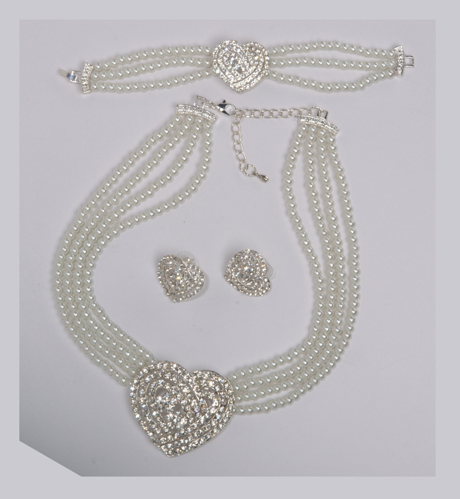 Crystal Heart & Strand Faux Pearl Necklace Bracelet Earring Set Bridal Prom NIB