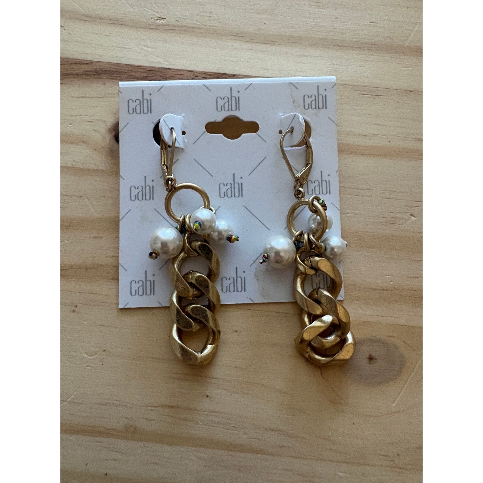 Cabi Wisdom Earrings Brushed Gold Color Chain Faux Pearls Dangle