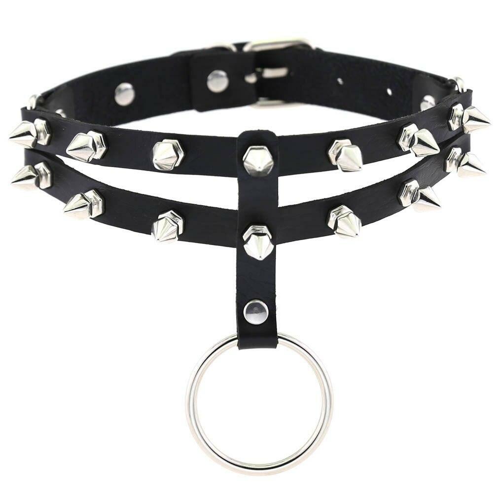Women O Ring Neck Collar Chain Gothic Punk Studded Pu Leather Choker Necklace