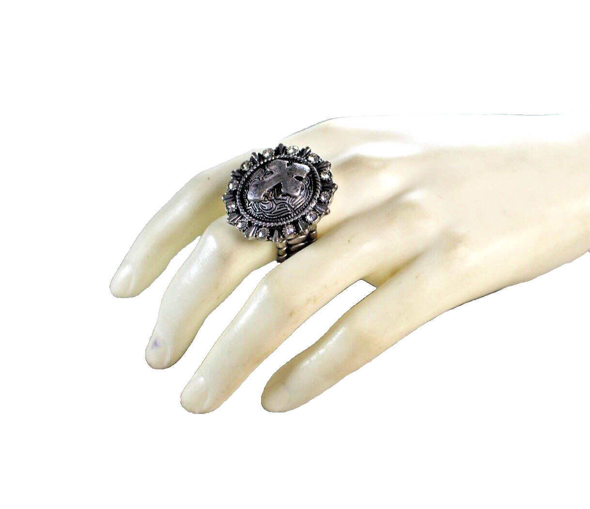 Western Womens Ring 1.25 in Cross Stretch Round Crystal Silver Cowgirl Rodeo