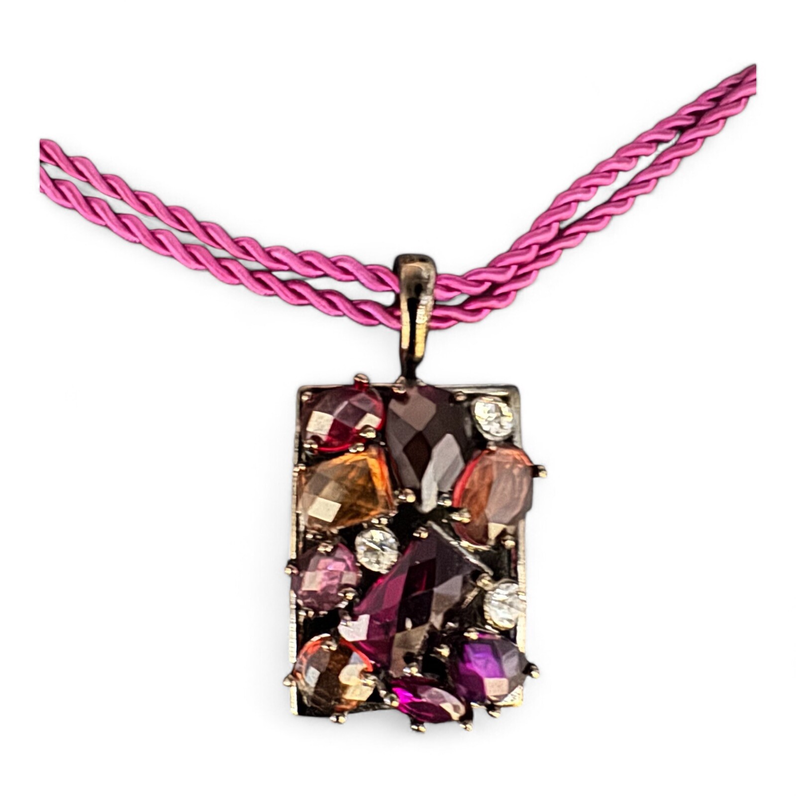 Multi-Purple Tone Rhinestone Rectangle Pendant Necklace W/Matching Earrings