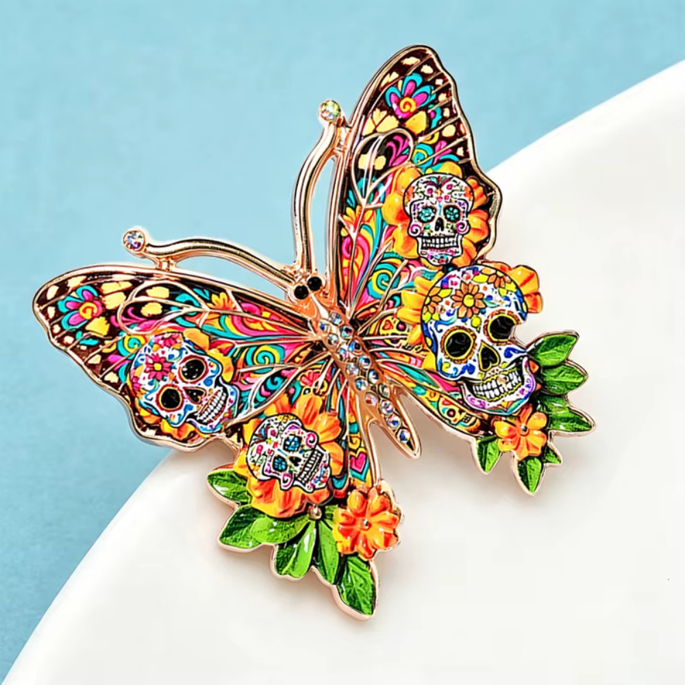 Halloween Sugar Skull Butterfly Brooch Pin Crystal Gothic Pin Costume Jewelry Gi