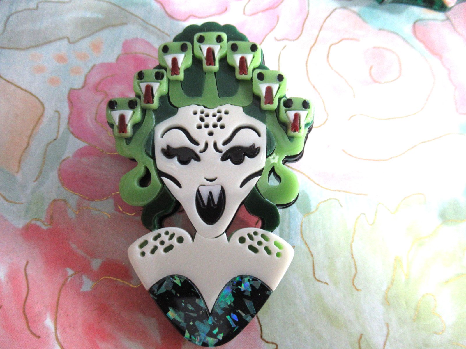Acrylic Brooch GREEN BAT VAMPIRE Halloween or MEDUSA BROOCH Greek Mythology