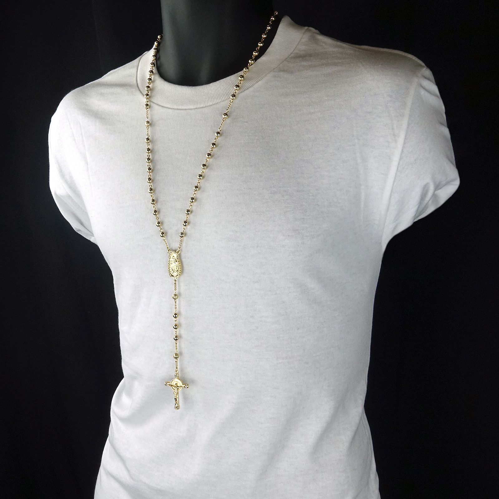 Cubic-Zirconia 5mm GOLD Plated Beads 14k (Guadalupe) Rosary & Jesus Cross Men’s
