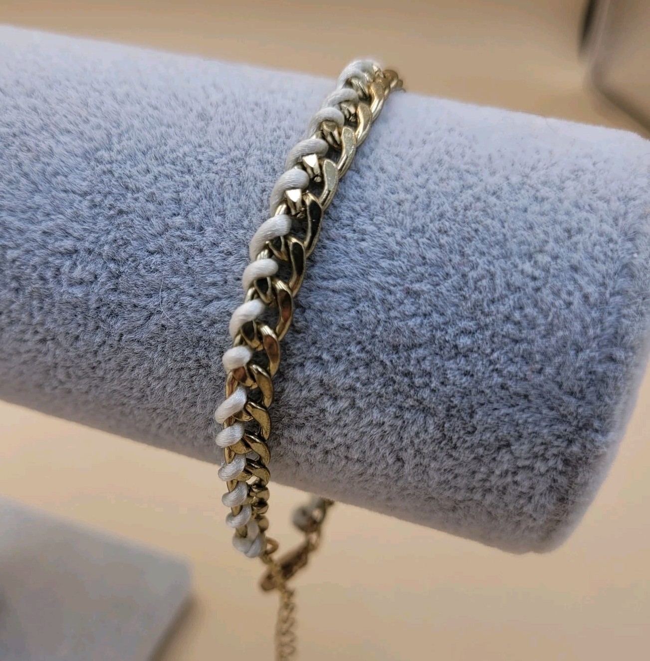 Zara Curb Chain Woven String Adjustable Bracelet Goldtone White 9 In Adjustable