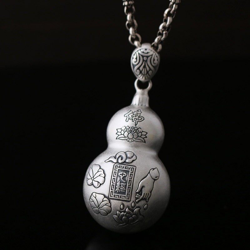 Gourd Pendant Chinese Heart Sutra Buddha Hand Lotus Amulet Charm 990 Fine Silver