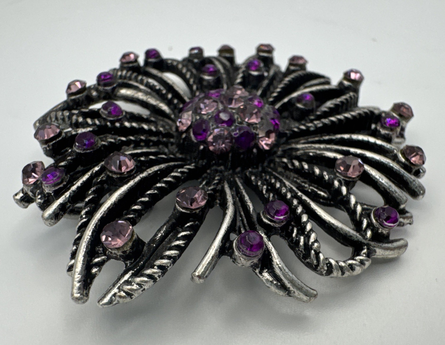 Pink & Purple Rhinestone Round Black and Silver Tone Pendant